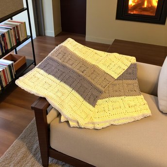 Vintage Crochet Afghan: Handmade Yellow and Brown Striped Blanket