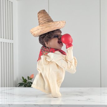 Vintage Punching Boxer Puppet: Mechanical Hand Toy with Sombrero
