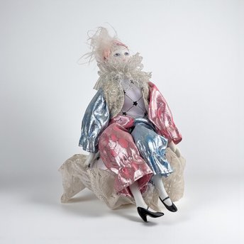 Vintage 1980s Pierrot Doll: Porcelain Musical Box in Pink and Blue