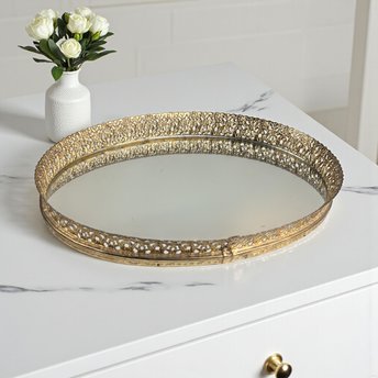 Vintage Mid Century Mirrored Tray: Ornate Gold Filigree Perfume Vanity