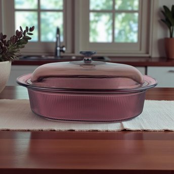 Vintage Cranberry Visions 4 Quart Casserole: Corning Glass Pan with Pyrex Lid