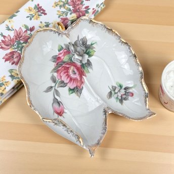 Vintage 1950s Ucago China Leaf Dish: Floral Ceramic Dresser Tray with Gold Trim