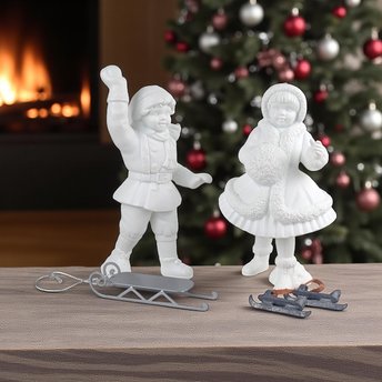 Vintage Dept 56 Shiny Skates & New Sled: Winter Silhouette Porcelain Figurine Set