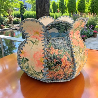 Vintage Stitched Card Vase: Laced Greeting Card Folk Art Decor
