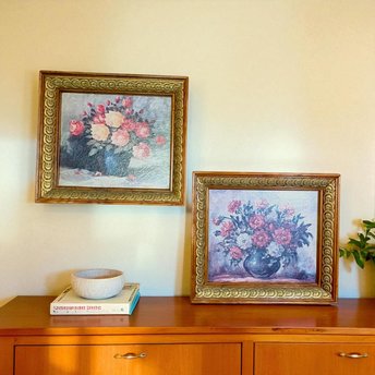 Vintage Floral Lithograph Prints: Framed Still Life Art Treasure Pair