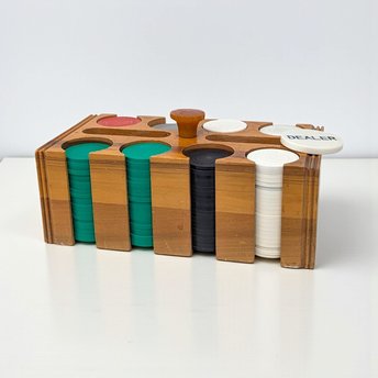 Vintage 1970s Poker Chip Caddy: Wooden Rack with Game Chips