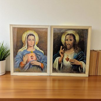 Vintage 1952 Sacred Heart Pair: Florence Kroger Jesus and Mary Wall Hangings