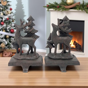 Cast Iron Reindeer Stocking Holders: Vintage Christmas Mantel Pair