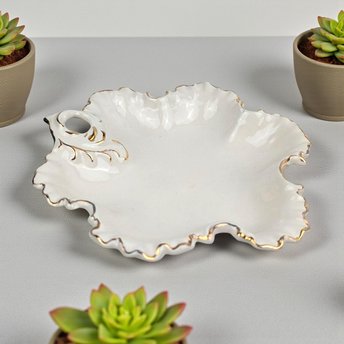 Vintage 1987 Ceramic Leaf Dish: Cream and Gold Gilt Trinket Tray, Hollywood Regency Candy Dish