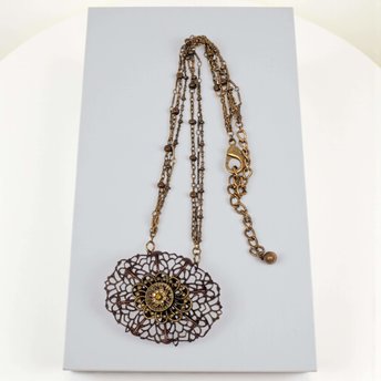 Vintage KC 3 Strand Necklace: Bronze Tone Filigree Medallion Pendant