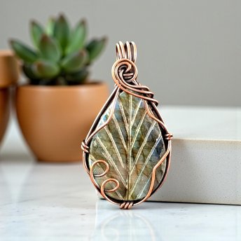 Leaf Carved Labradorite Pendant: Handmade Copper Wire Wrapped Jewelry