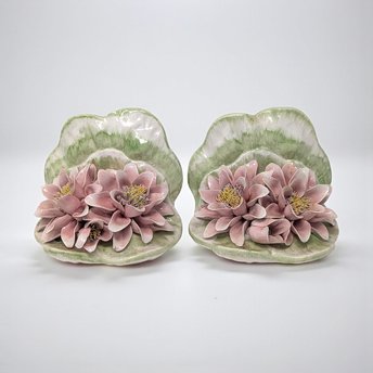 Vintage 1980s Italian Porcelain Bookends: OGG Italy Water Lily Pair