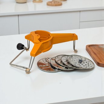 Vintage Mouli-Julienne Slicer: Orange Kitchen Gadget with 5 Discs