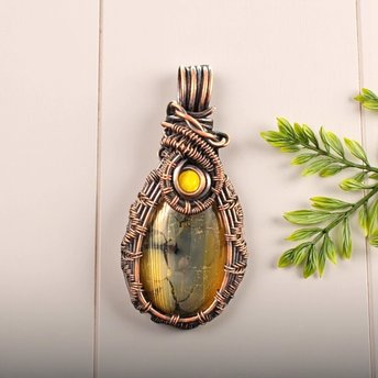 Dragon's Vein Agate Pendant: Copper Wire Wrapped Jewelry with Yellow Glass Accent