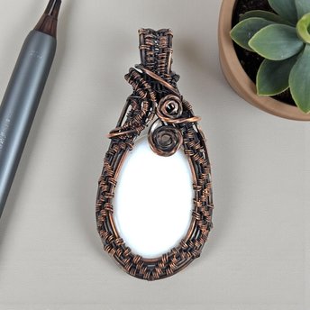 Handmade Copper Chalcedony Pendant: White Wire Wrapped Stone
