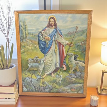 Vintage Good Shepherd Print: Jesus with Lamb Framed Religious Art