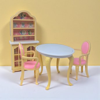 1990 Mattel Barbie Dollhouse Dining Room Set: Kitchen Table Chairs & China Hutch