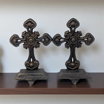 Vintage Cast Iron Cross Stocking Holders: Pair of Ornate Gothic Christmas Mantel Hangers