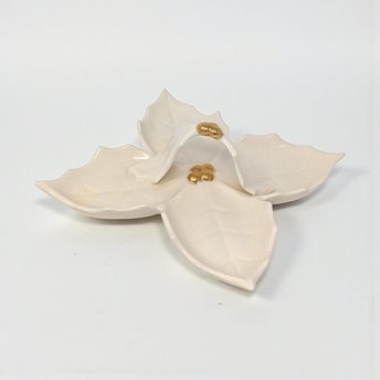 Vintage Holland Mold 4-Section Leaf Dish: Cream Ceramic Relish Tray with Gold Berry Handle