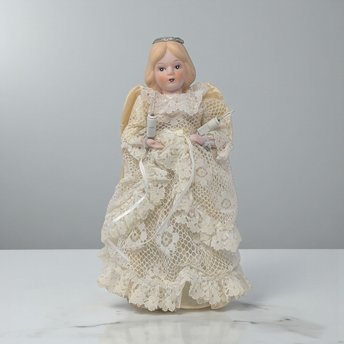 Vintage Lighted Angel Tree Topper: Porcelain Head and Lace Gown Decor