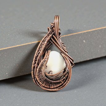 White Shell Copper Pendant: Handmade Wire Wrapped Teardrop Necklace