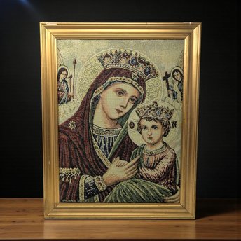 Vintage Jacques Sefop Padded Tapestry: Virgin Mary & Child Framed Religious Art