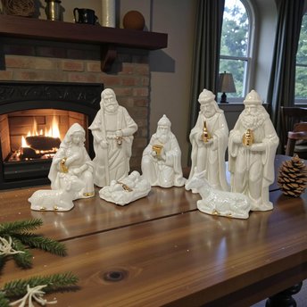 Vintage Porcelain Nativity Set: 8 Piece Christmas Scene