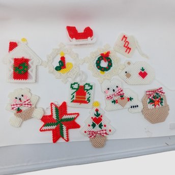 Vintage Handmade Plastic Canvas Ornaments: Needlepoint Christmas Decor Set