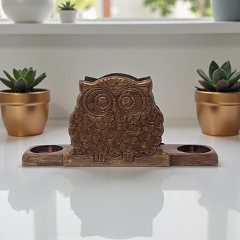 Vintage Wooden Owl Napkin Holder & Salt Pepper Caddy: Rustic Kitchen Decor