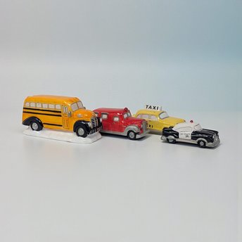Vintage Ceramic Village Accessory Set: 4 Vehicles Bus Taxi Fire Police