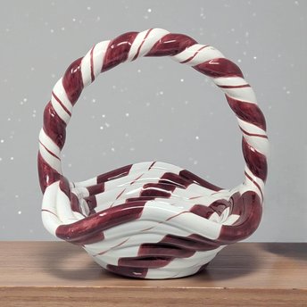 Vintage Lillian Vernon Ceramic Candy Basket: Red White Swirl Christmas Decor