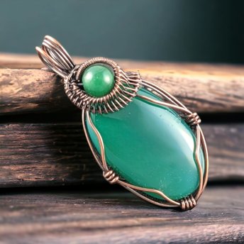 Green Onyx Copper Pendant: Handmade Wire Wrapped Oval Gemstone