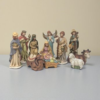 Vintage 11 Piece Hand Painted Ceramic Nativity Set: Herald Christmas Collection