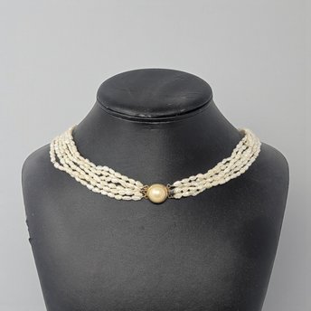 Vintage White Bead Multi-Strand Necklace: Elegant Bridal Choker with Faux Pearl Clasp