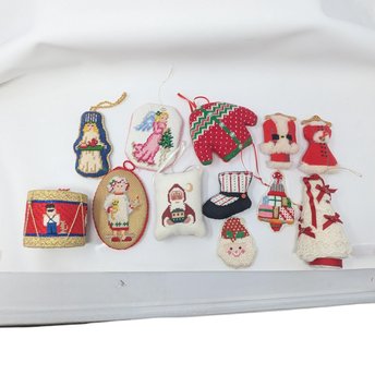 Vintage Handmade Needlework Ornament Set: Cross Stitch Christmas Decor