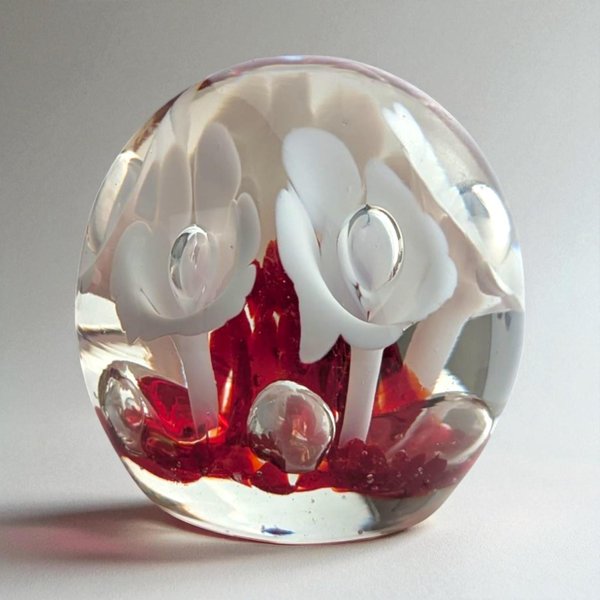 Vintage Art Glass Paperweight: Red with White Flowers