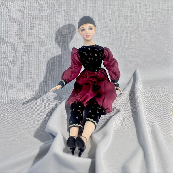Vintage 18" Harlequin Red and Black Pierrot Doll