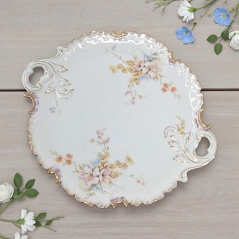 Vintage German Porcelain Handled Serving Plate: Pink and Gold Floral Scalloped Dish