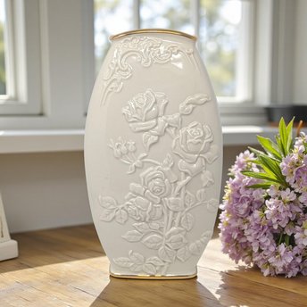 Vintage Lenox Cream Mothers Day Porcelain Roses Vase: Gold Trimmed Embossed Floral Decor