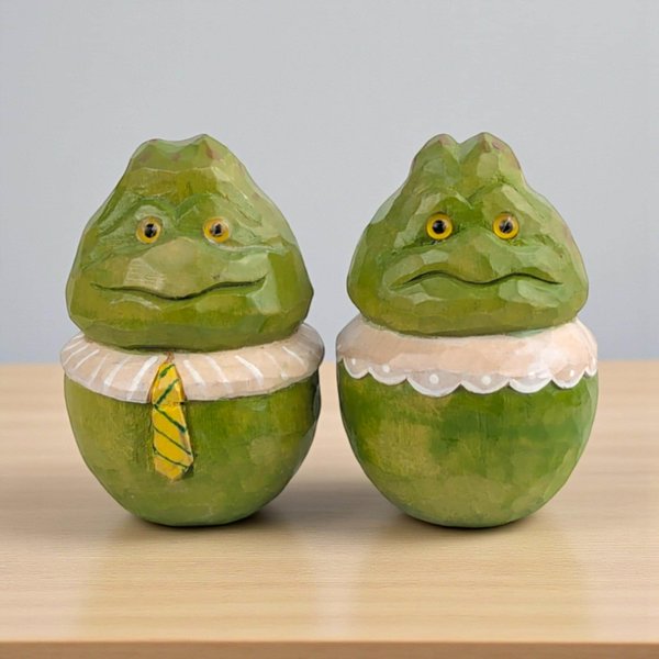 Vintage Hand Carved Mr. and Mrs. Frog Figurines