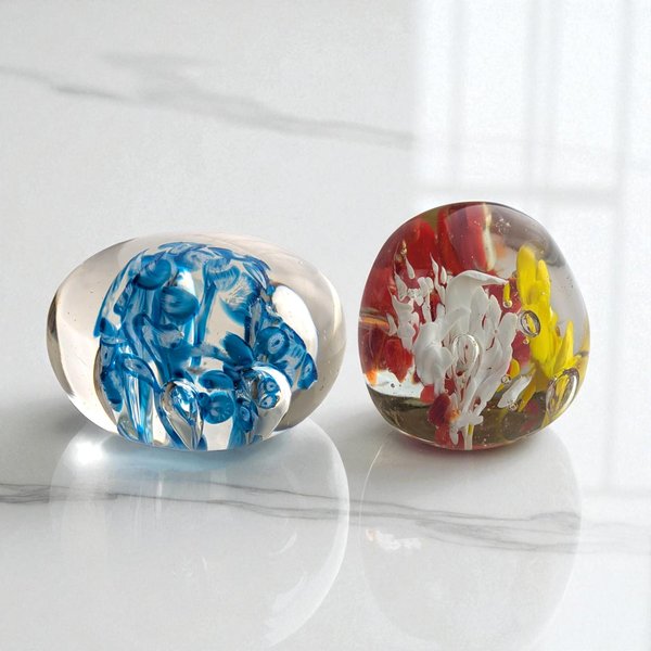 Vintage Murano Style Glass Paperweight Set: Blue and Multicolored Floral