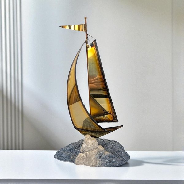Vintage Signed Brass Sailboat Figurine