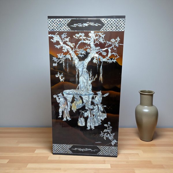 Vintage Vietnamese Lacquer Wall Panel: Mother of Pearl Inlay