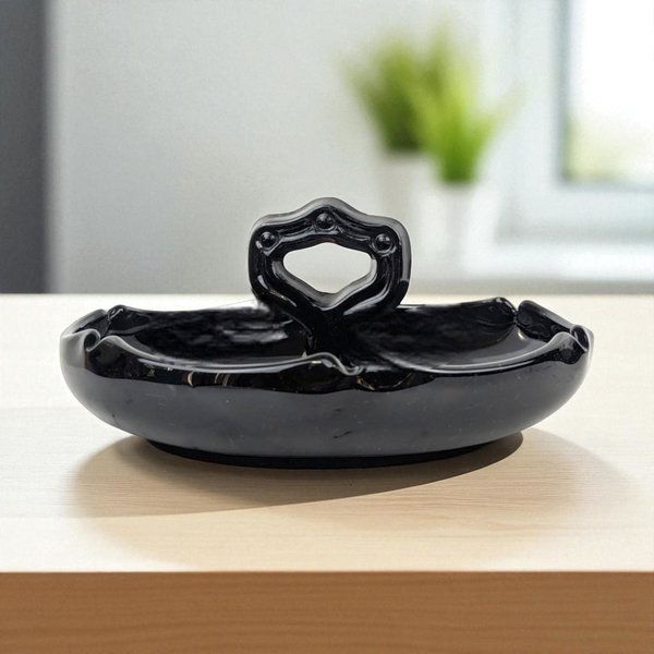 Vintage Black Amethyst Glass Center Handle Trinket Dish