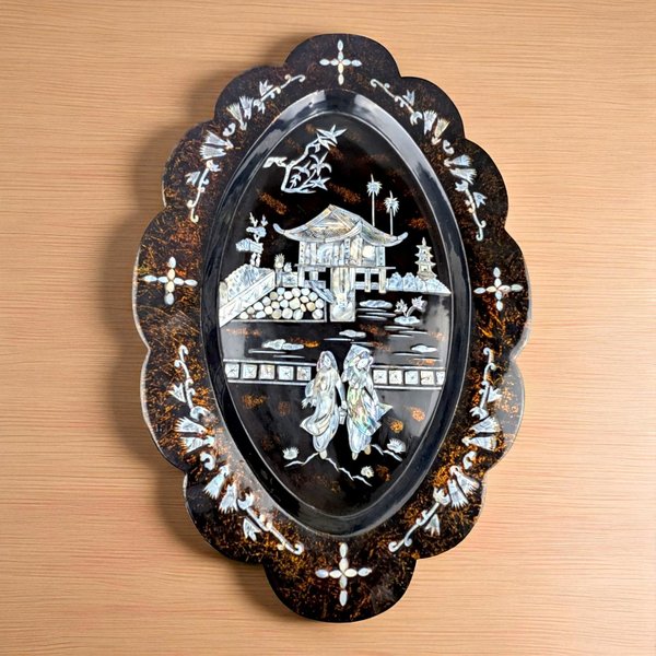 Vintage Asian Black Lacquer Mother of Pearl Inlaid Wall Plaque
