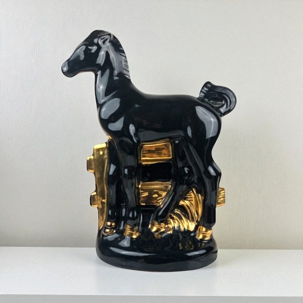 Vintage Black Ceramic Horse Lamp: Gold Accent