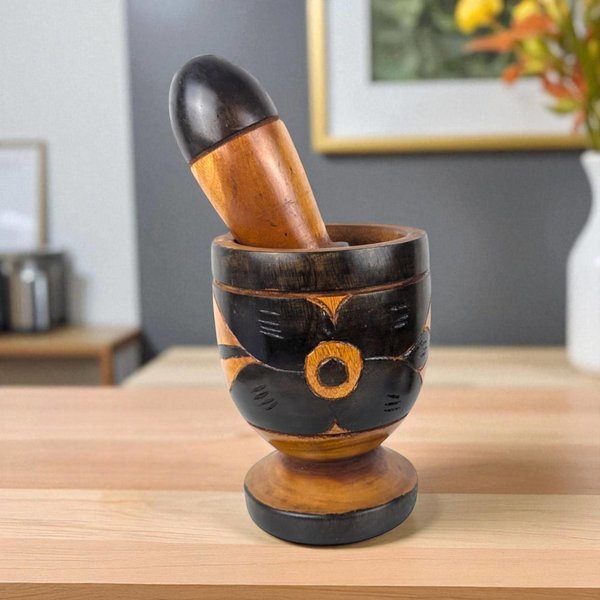 Vintage Handmade Carved Bird Wooden Mortar and Pestle