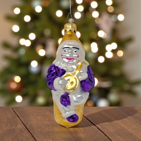Vintage Blown Glass Clown with Gold Banjo Ornament