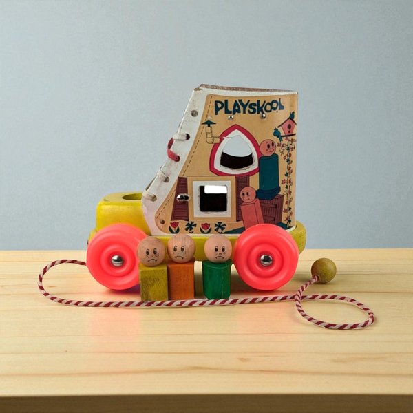 Vintage Playskool Wood Shoe Shape Sorter Pull Toy