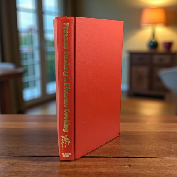 A vintage hardcover cookbook with a vibrant, illustrative cover. The spine is firm, though the bottom edge shows a small, localized indentation. The binding is intact and the book maintains a solid, rectangular silhouette. No dust jacket is present.